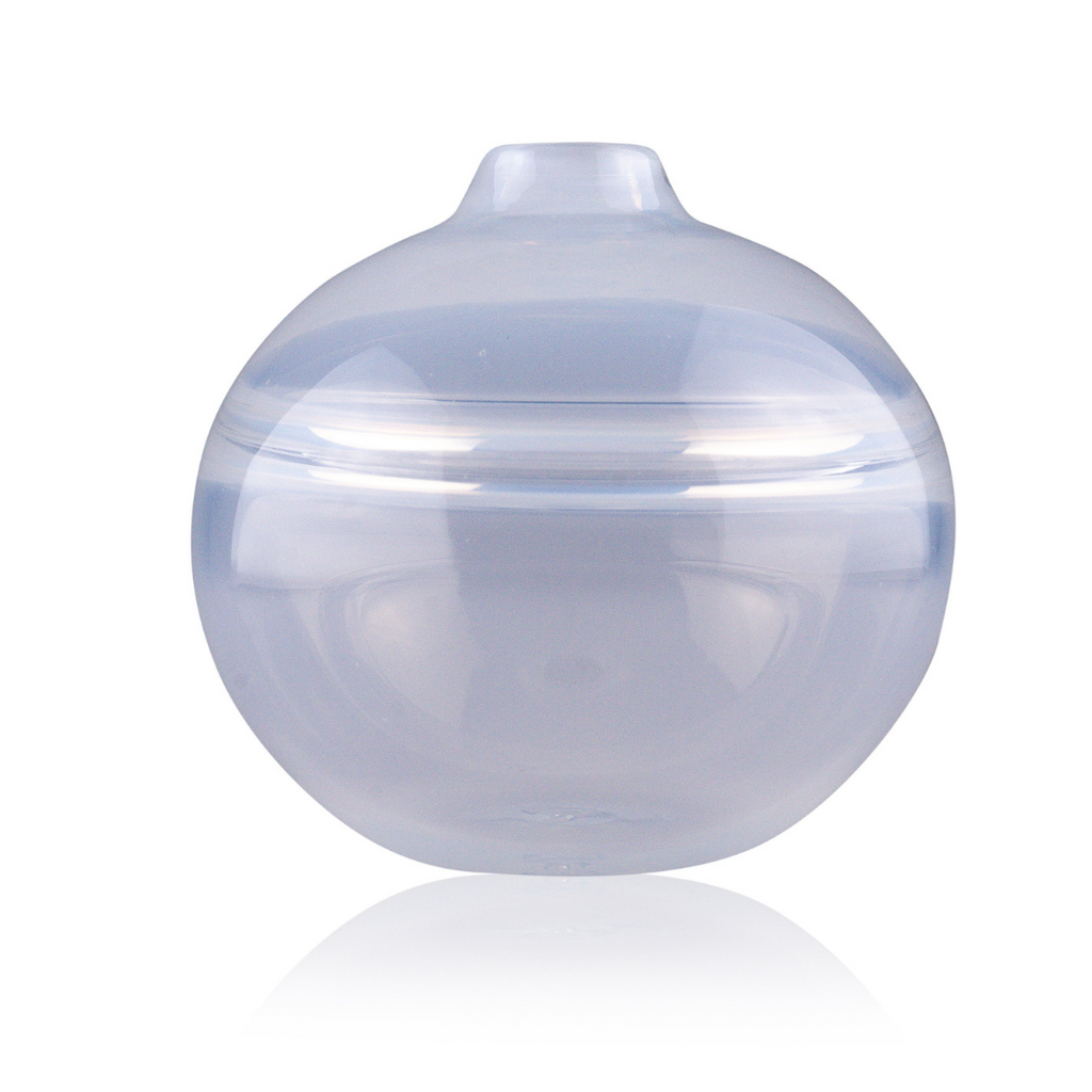 A transparent, light blue spherical glass vase with a narrow opening on top, presenting a delicate, ethereal appearance. The vase's surface is accentuated by a broad, shiny horizontal stripe that mirrors the light, giving an impression of serenity against a stark white backdrop.