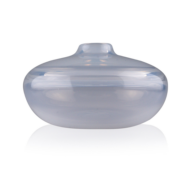 This image shows a serene, smoky blue glass vase with a broad, flattened spherical body and a narrow opening at the top. The design includes a clear, horizontal band that encircles the widest part of the vase, creating an elegant visual contrast with the translucent blue glass. It's set against a neutral backdrop that complements its calming aesthetic.