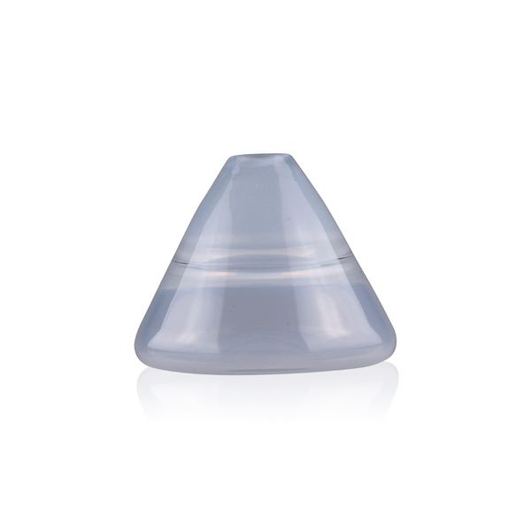 This is a translucent grey conical glass vase with a broad base tapering to a sharp apex, showcasing sleek lines. The vase's semi-opaque surface is highlighted by the interplay of light and shadow, creating subtle reflections and contours. Its modern and minimalist design exudes a quiet elegance, making it a versatile piece for various interior styles.