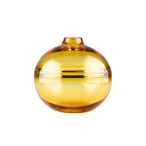 A vibrant amber-colored glass vase with a spherical shape and a small opening at the top. The vase features a translucent quality with a horizontal darker amber stripe at the midpoint, reflecting a warm, glossy sheen on a white background.