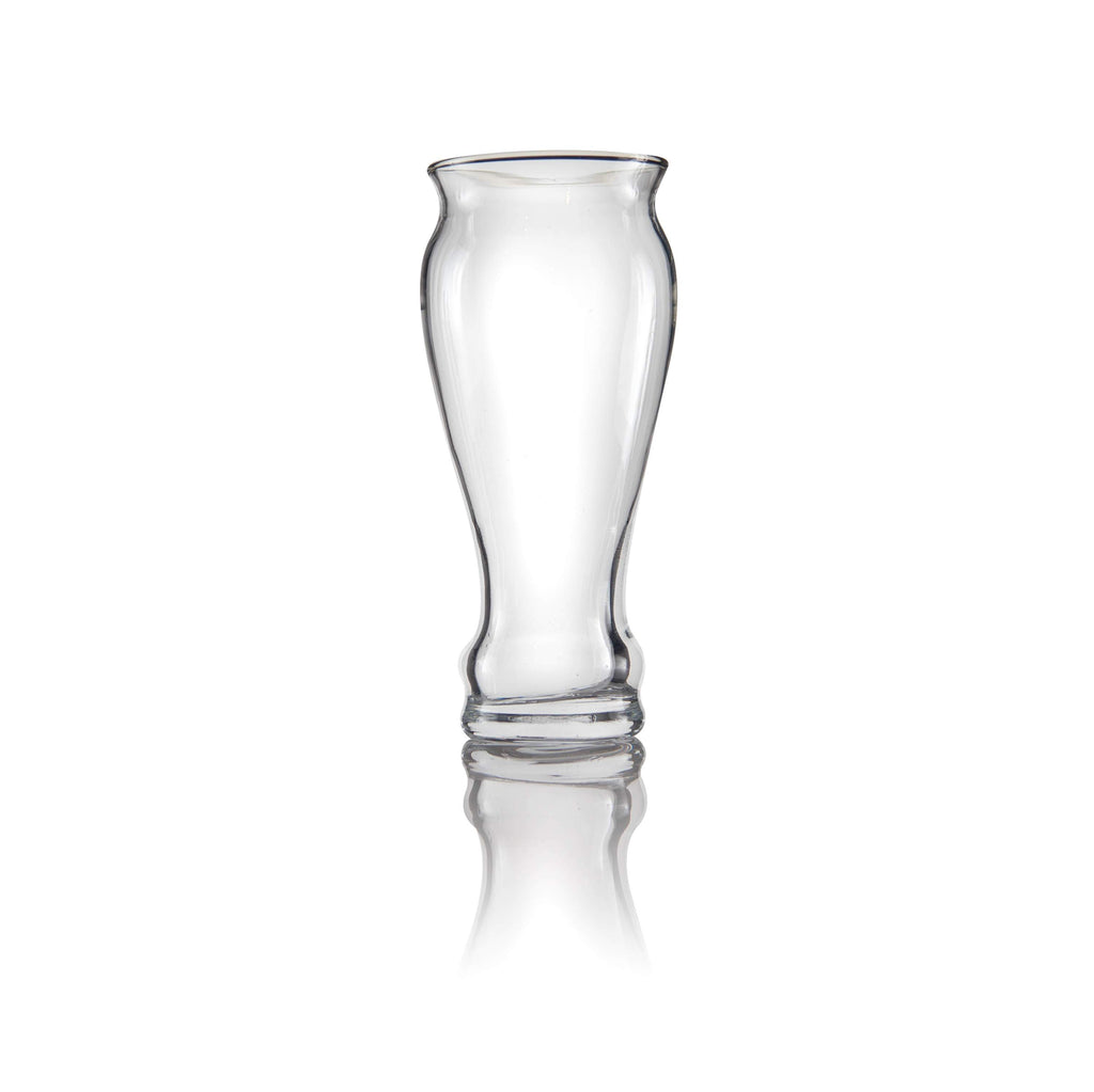 A classic, clear glass pilsner vase with a flared opening and contoured shape, standing upright on a reflective surface that accentuates its sleek and timeless design.