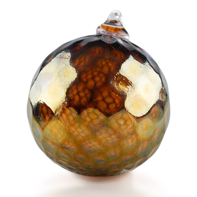 A striking glass Christmas ornament, crafted with a faceted surface that resembles a pine cone, complete with a glass loop on top, ready to add a touch of elegance to holiday decor.