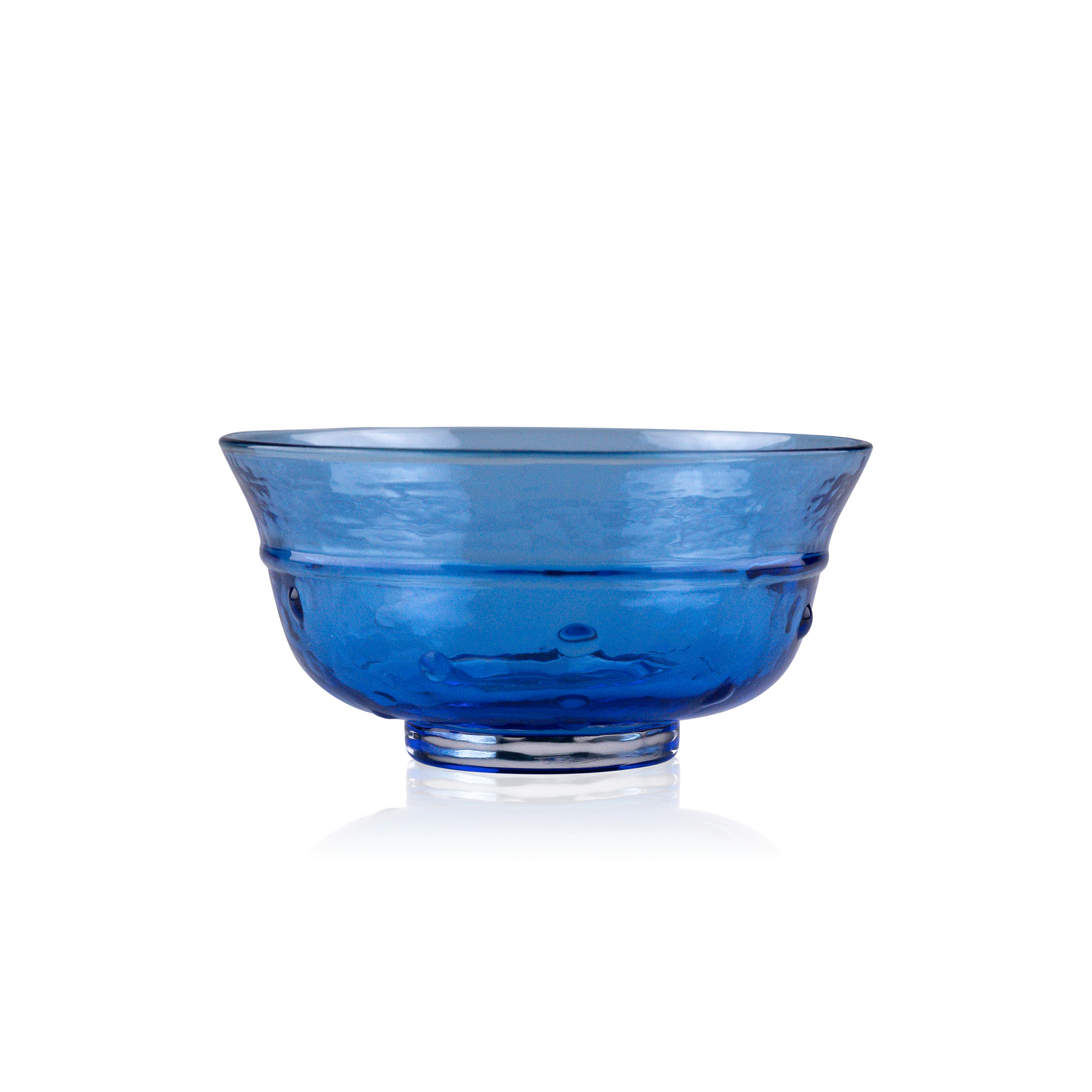 A classic deep glass bowl with a textured exterior and smooth rim, sitting on a clear base. The bowl's rich color and subtle design elements are highlighted against a pure white background, exemplifying timeless glass craftsmanship.