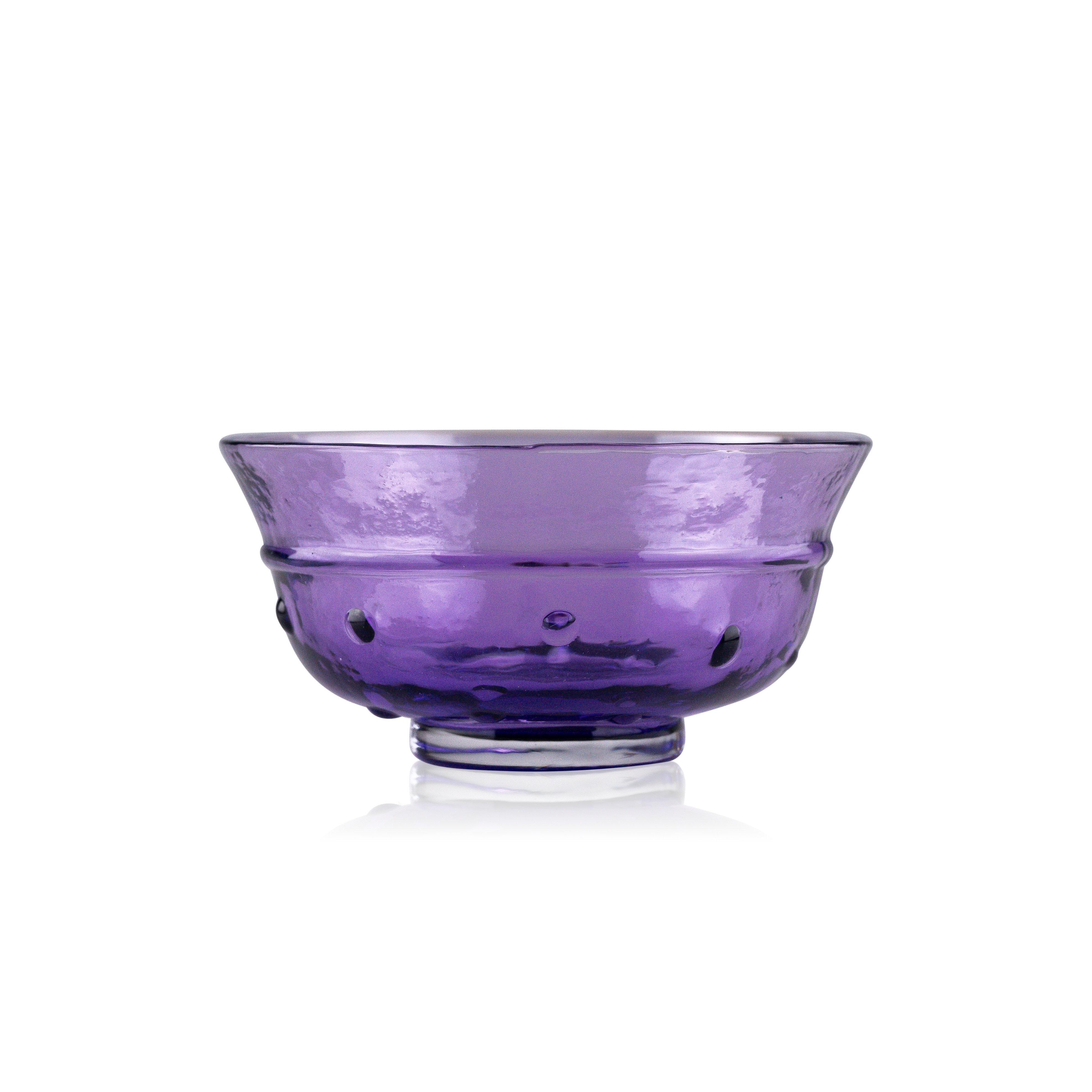 A classic deep glass bowl with a textured exterior and smooth rim, sitting on a clear base. The bowl's rich color and subtle design elements are highlighted against a pure white background, exemplifying timeless glass craftsmanship.