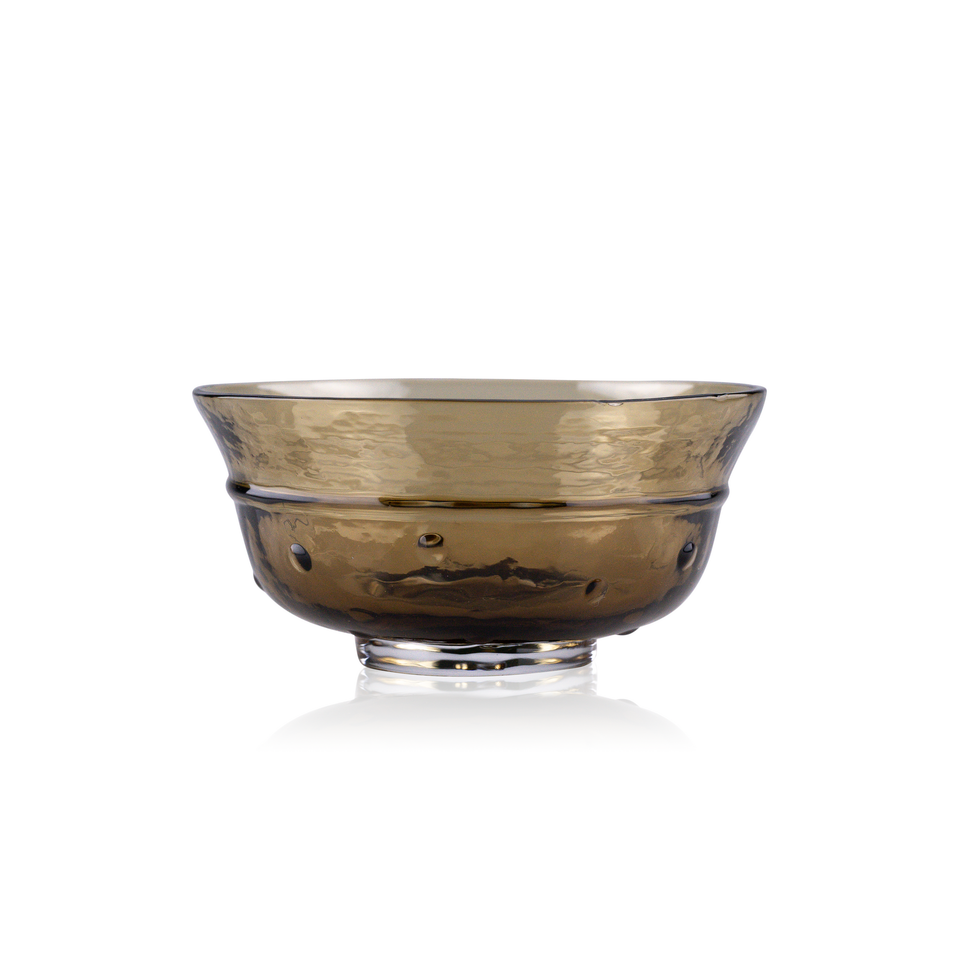A classic deep glass bowl with a textured exterior and smooth rim, sitting on a clear base. The bowl's rich color and subtle design elements are highlighted against a pure white background, exemplifying timeless glass craftsmanship.