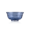 A classic deep glass bowl with a textured exterior and smooth rim, sitting on a clear base. The bowl's rich color and subtle design elements are highlighted against a pure white background, exemplifying timeless glass craftsmanship.