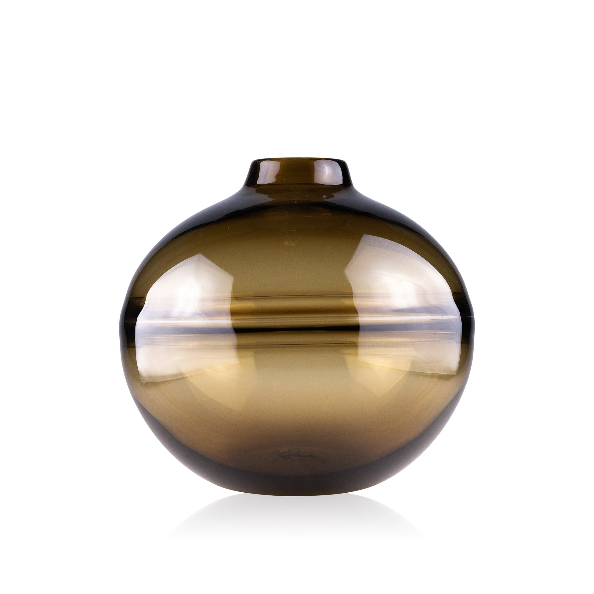 Round-bottomed halo glass vases in varying sizes, each with a small opening at the top, creating a harmonious arrangement of translucent, warm-toned spheres on a reflective surface