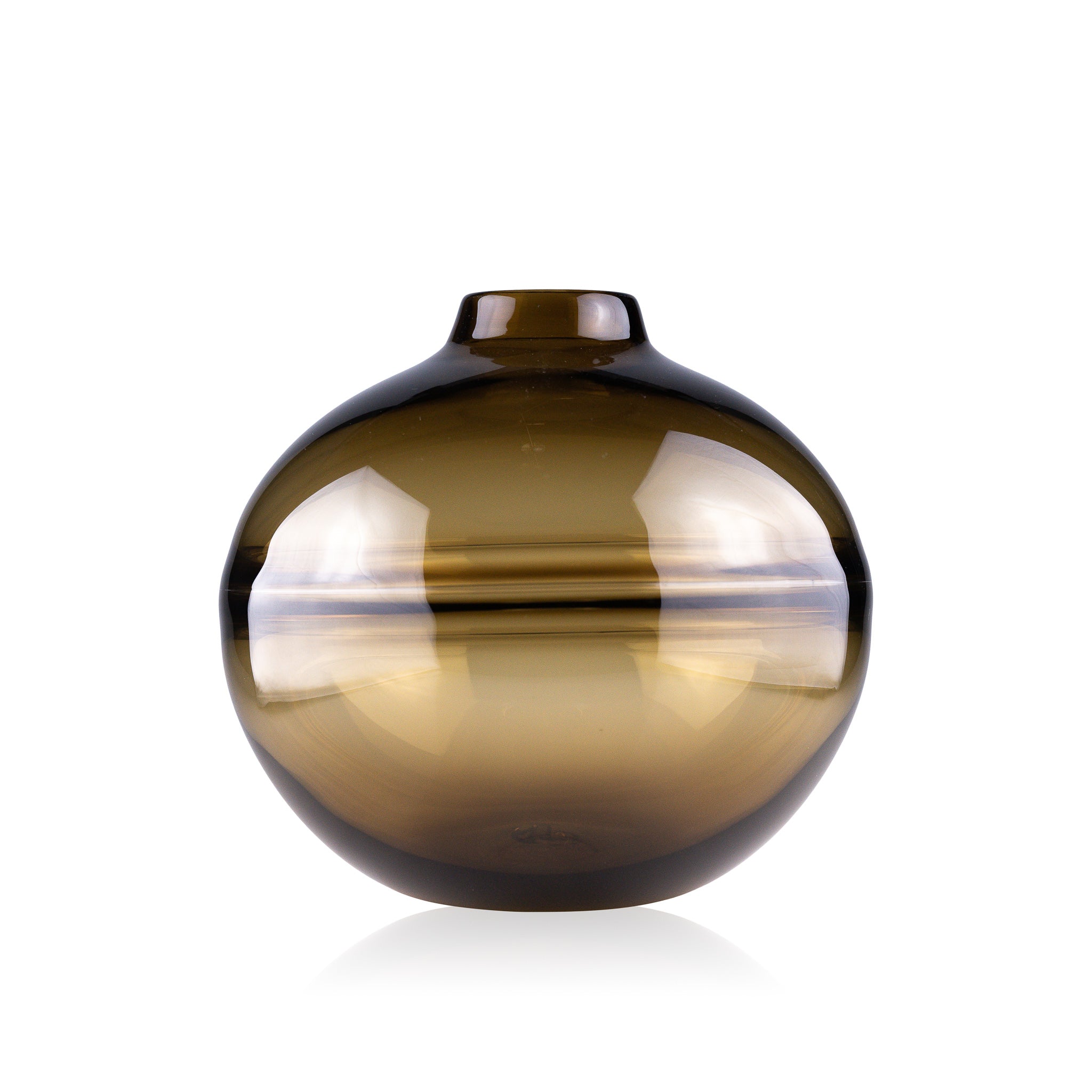 Round-bottomed halo glass vases in varying sizes, each with a small opening at the top, creating a harmonious arrangement of translucent, warm-toned spheres on a reflective surface