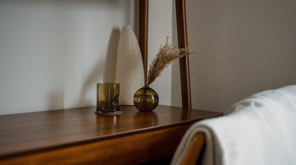 Round-bottomed halo glass vases in varying sizes, each with a small opening at the top, creating a harmonious arrangement of translucent, warm-toned spheres on a reflective surface
